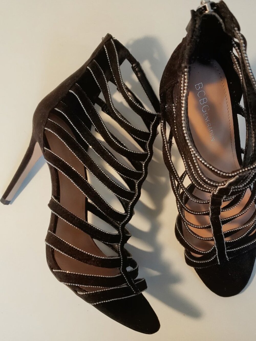 BCBG Black Studded Caged Gladiator Heels Open Toe 4" Heel
